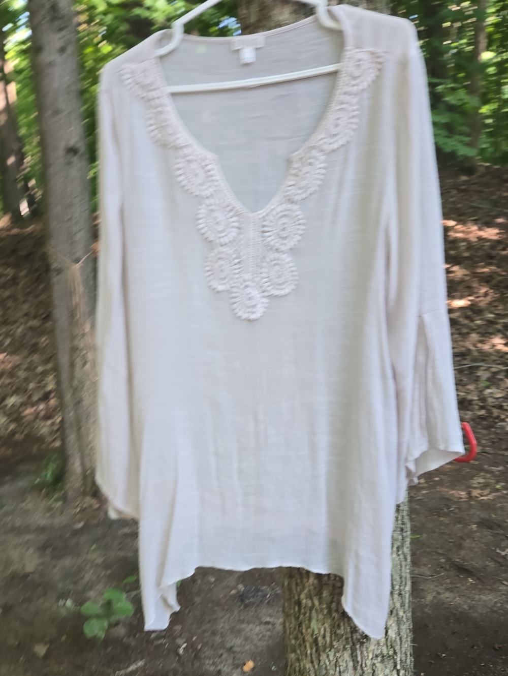 Spense Cream V-Neck Blouse with Crochet Trim